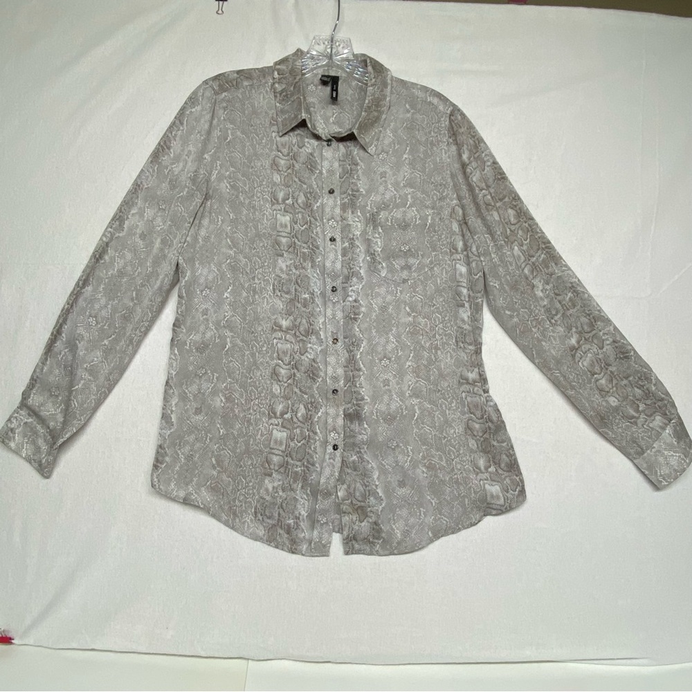 Mango MNG Suit Womens Gray White Snake Print Blouse Size 8-M Long Sleeve Slinky